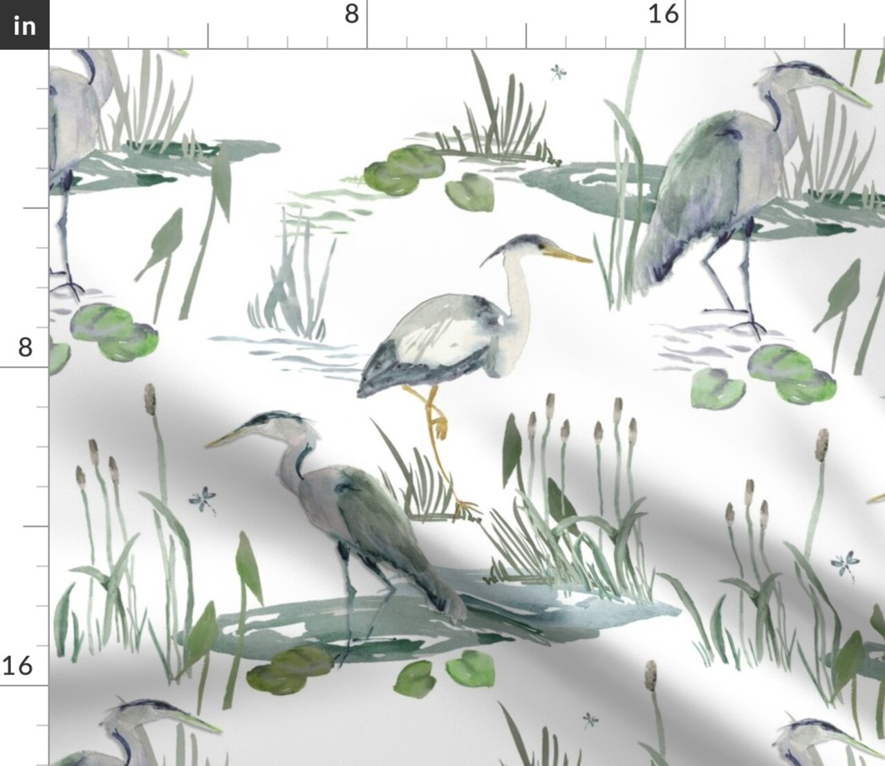 Watercolor Marsh Pond Heron Birds Nature Coastal Cattails Seaside Coast Beach Egret Large Scale House Vacation Home Traditional Blue Cottage Custom Printed Fabric by Spoonflower Various Fabrics by the Yard or Fat Quarter